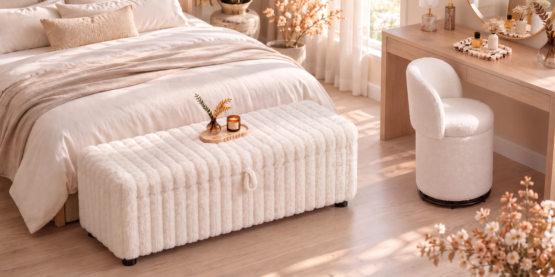 White storage bench and rounded vanity chair in a bedroom