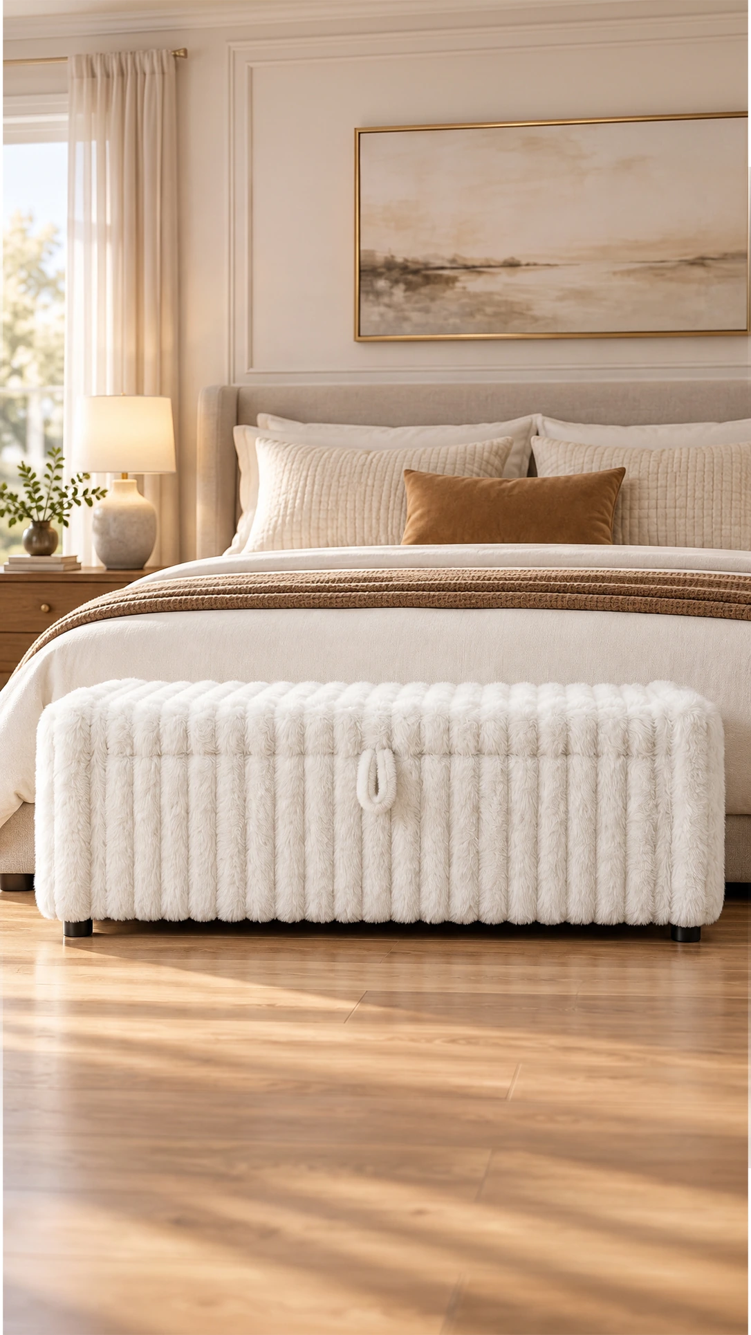 White ribbed upholstered storage bench at the foot of a bed