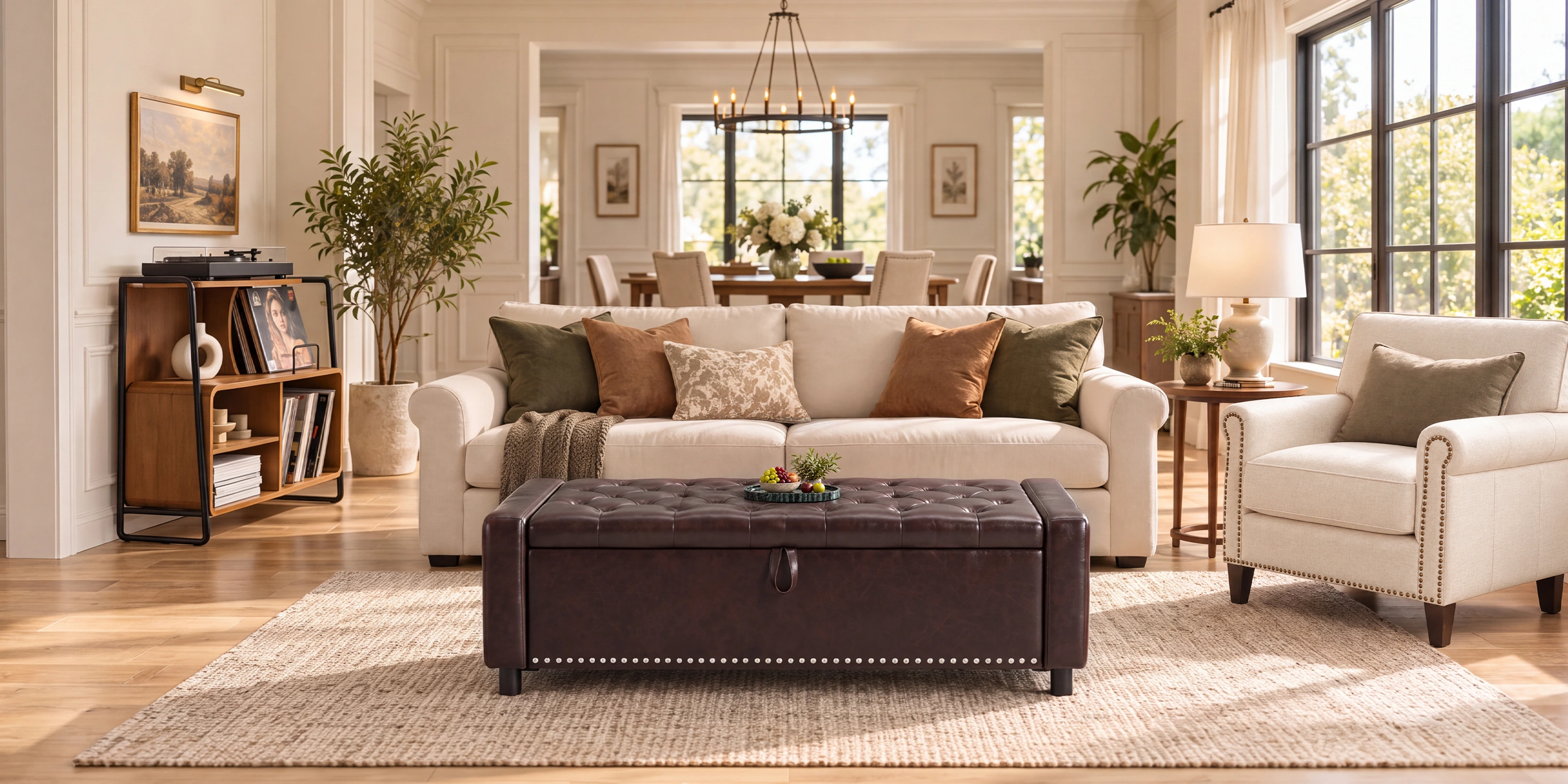 Brown storage bench in a warm living room