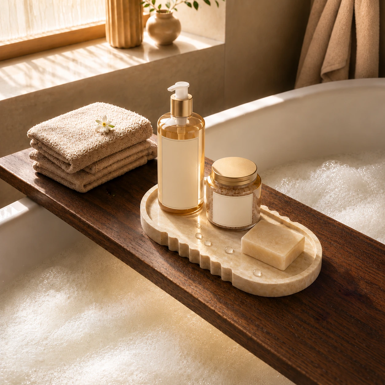 Beige scalloped stone tray holding bath accessories
