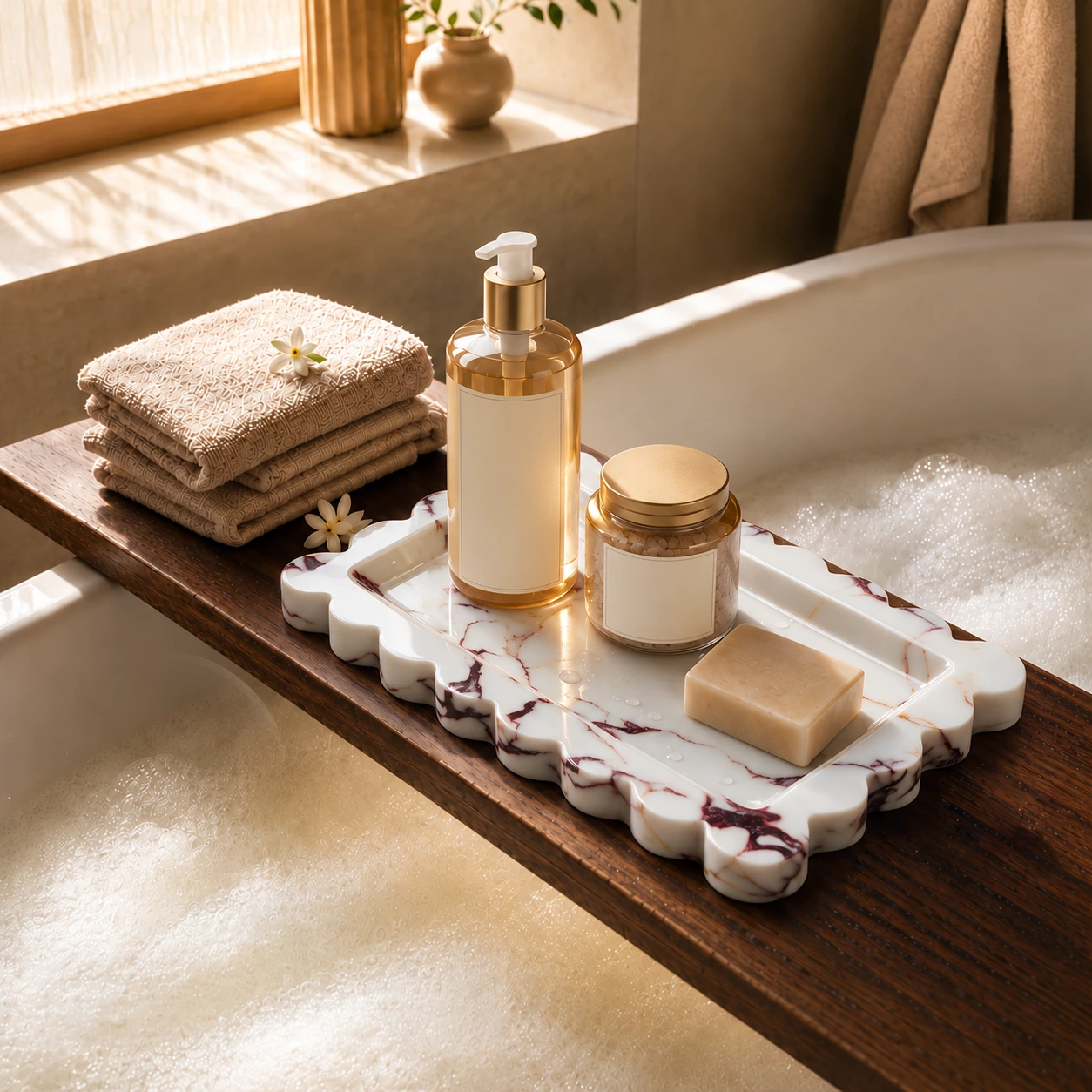 White scalloped marble tray with purple veining and bath accessories